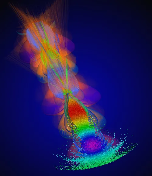 Colorful 3D rendering of a QuickPIC simulation: a drive electron bunch excites a plasma wake that accelerates a trailing bunch.